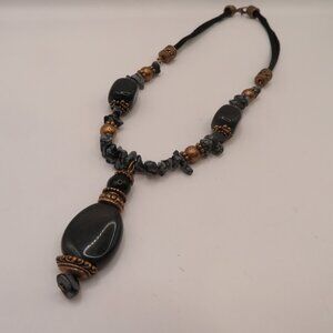 Beaded Y Necklace Black Stones Beads with Copper Color Accents